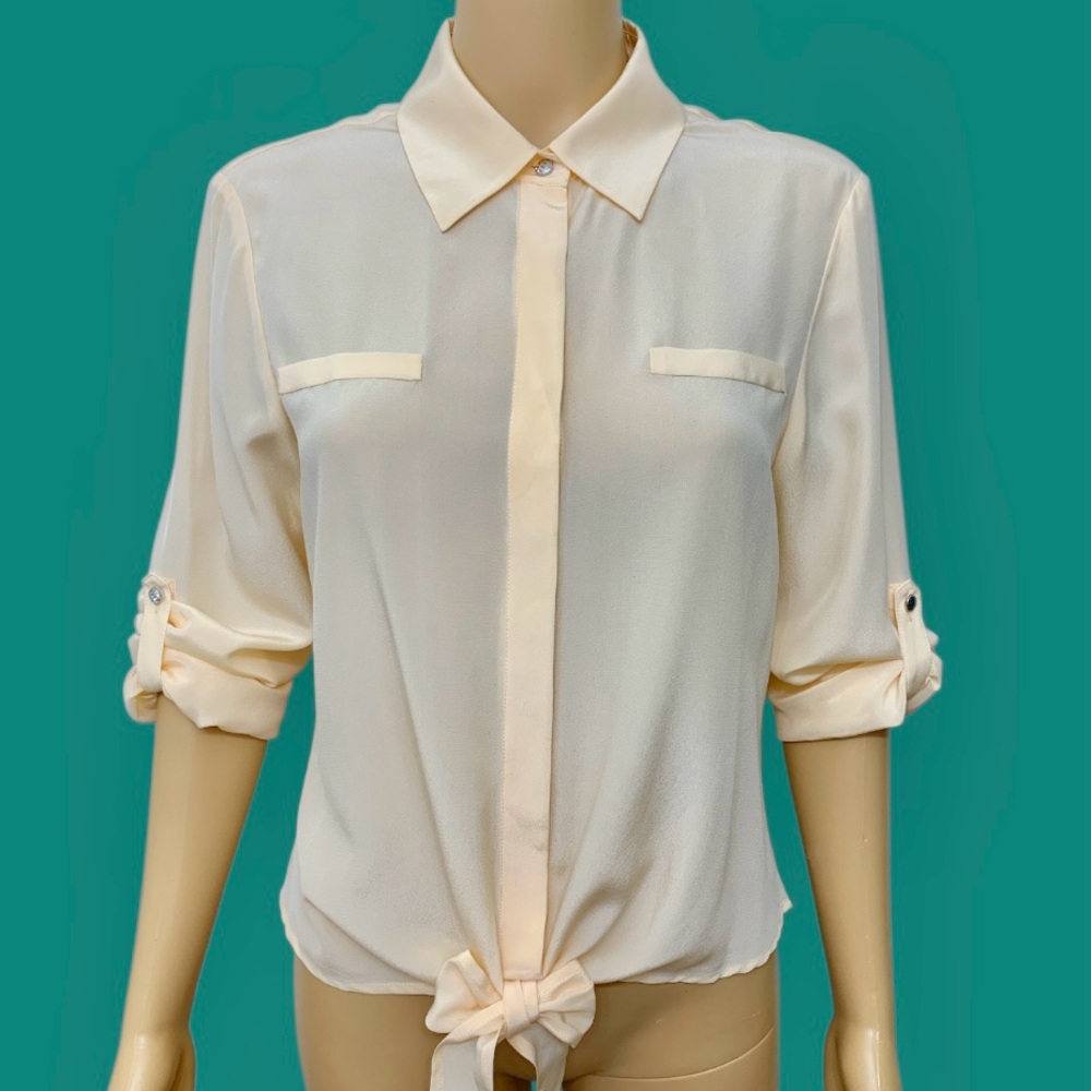 ANTONIO MELANI Silk Button Down Shirt long Sleeve Tie Front Peach Blouse size S